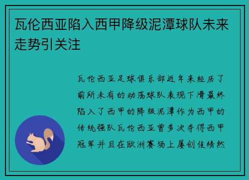 瓦伦西亚陷入西甲降级泥潭球队未来走势引关注 瓦伦西亚陷入西甲降级泥潭球队未来走势引关注